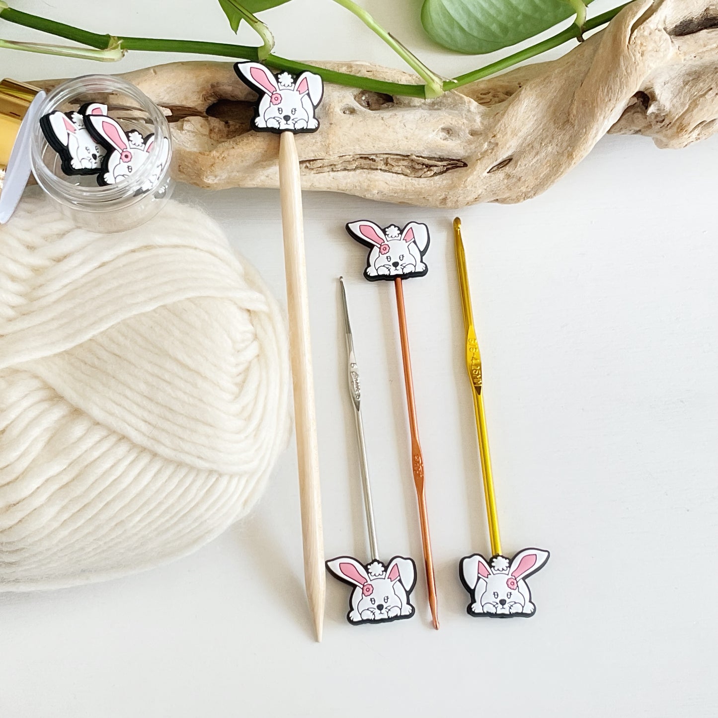 POUNCING RABBIT, BUNNY, Set of 2 knitting needle point protectors, Crochet Hook buddies, put your knitting down & keep your stitches safe