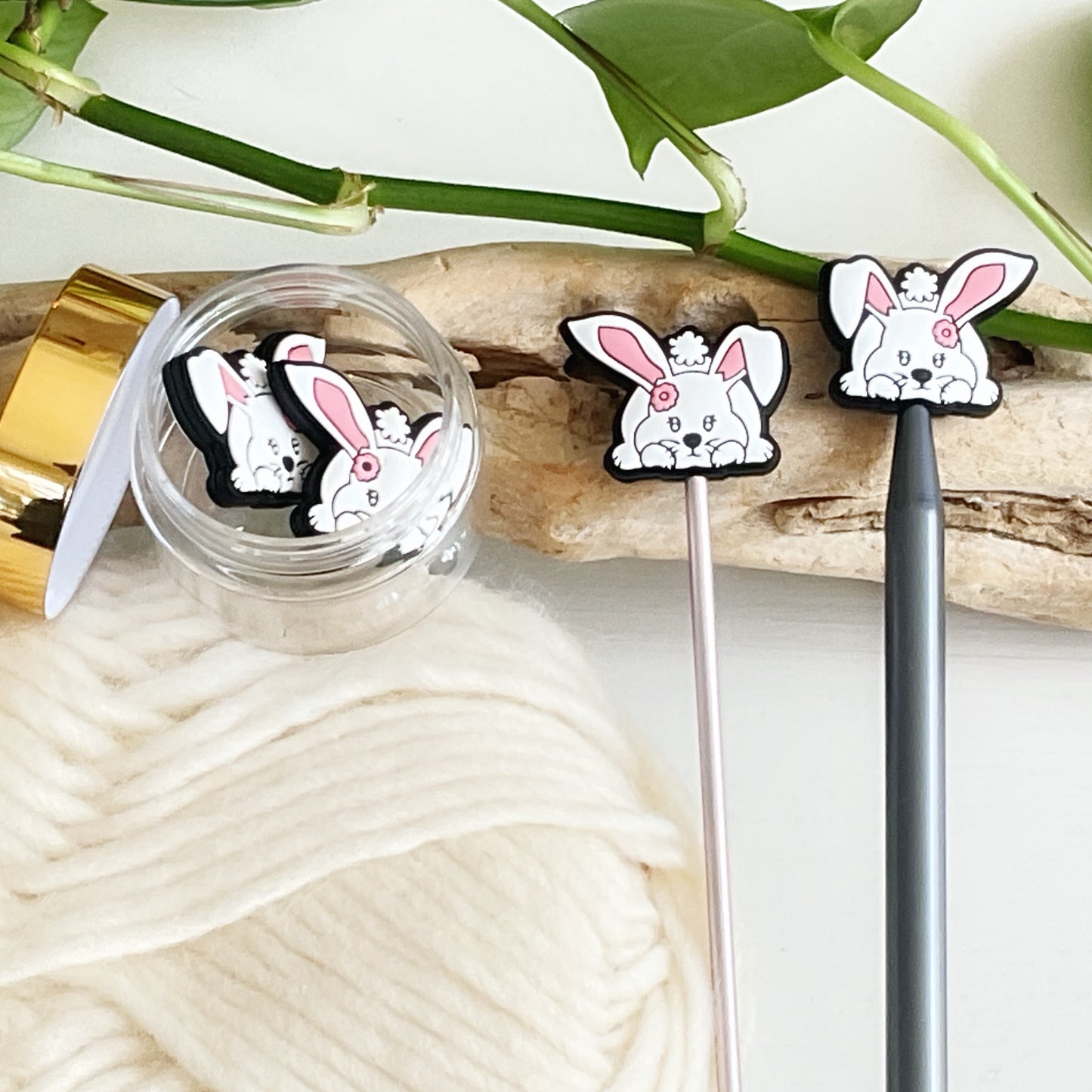 POUNCING RABBIT, BUNNY, Set of 2 knitting needle point protectors, Crochet Hook buddies, put your knitting down & keep your stitches safe