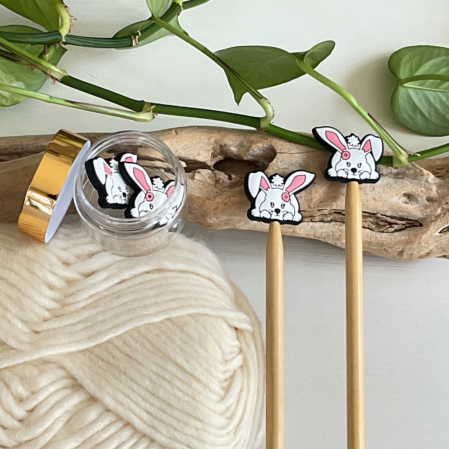 POUNCING RABBIT, BUNNY, Set of 2 knitting needle point protectors, Crochet Hook buddies, put your knitting down & keep your stitches safe
