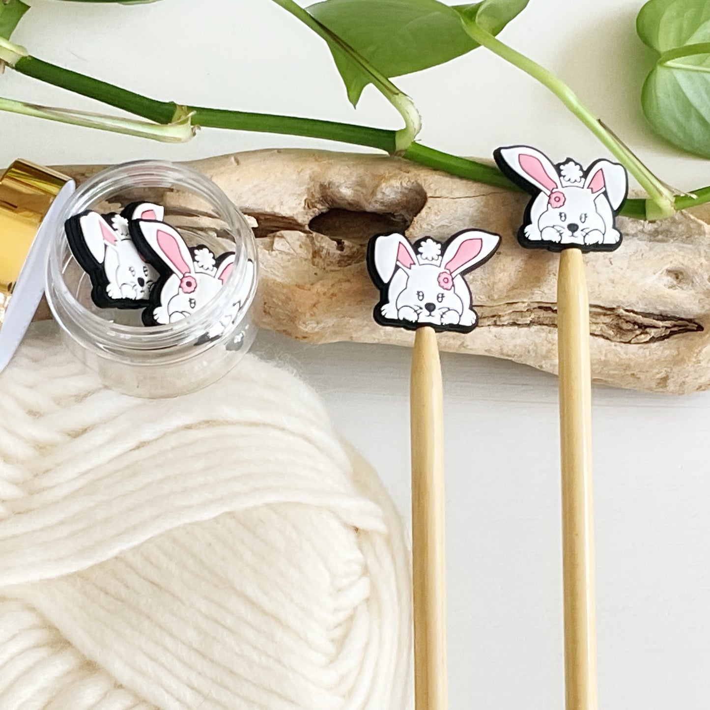 POUNCING RABBIT, BUNNY, Set of 2 knitting needle point protectors, Crochet Hook buddies, put your knitting down & keep your stitches safe