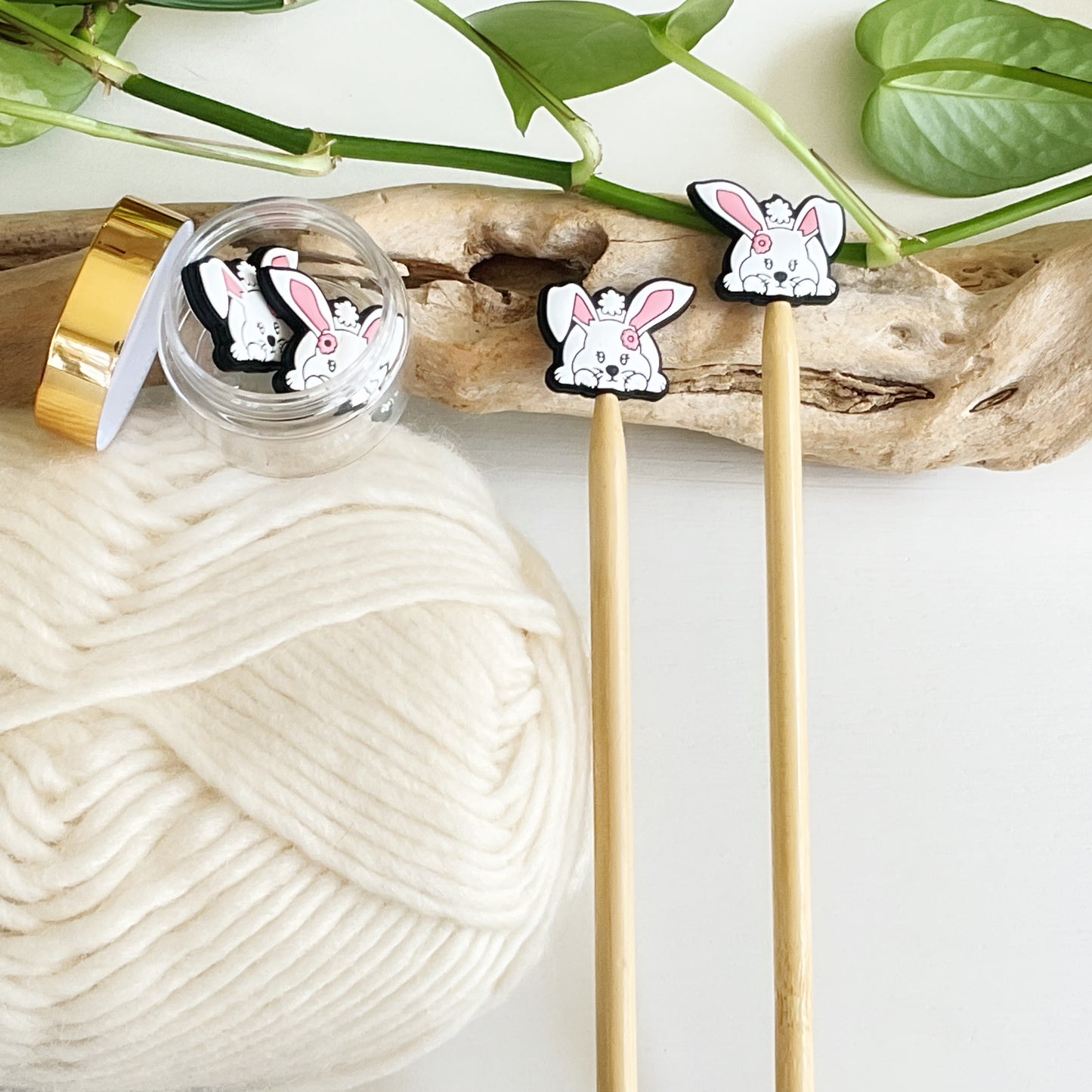 POUNCING RABBIT, BUNNY, Set of 2 knitting needle point protectors, Crochet Hook buddies, put your knitting down & keep your stitches safe