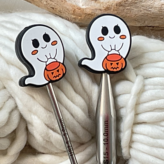 Knitting Stitch Stoppers, TRICK or TREAT cute Ghost HALLOWEEN Set of 2 knitting needle point protectors/ Knit tools Autumn +Fun Knit