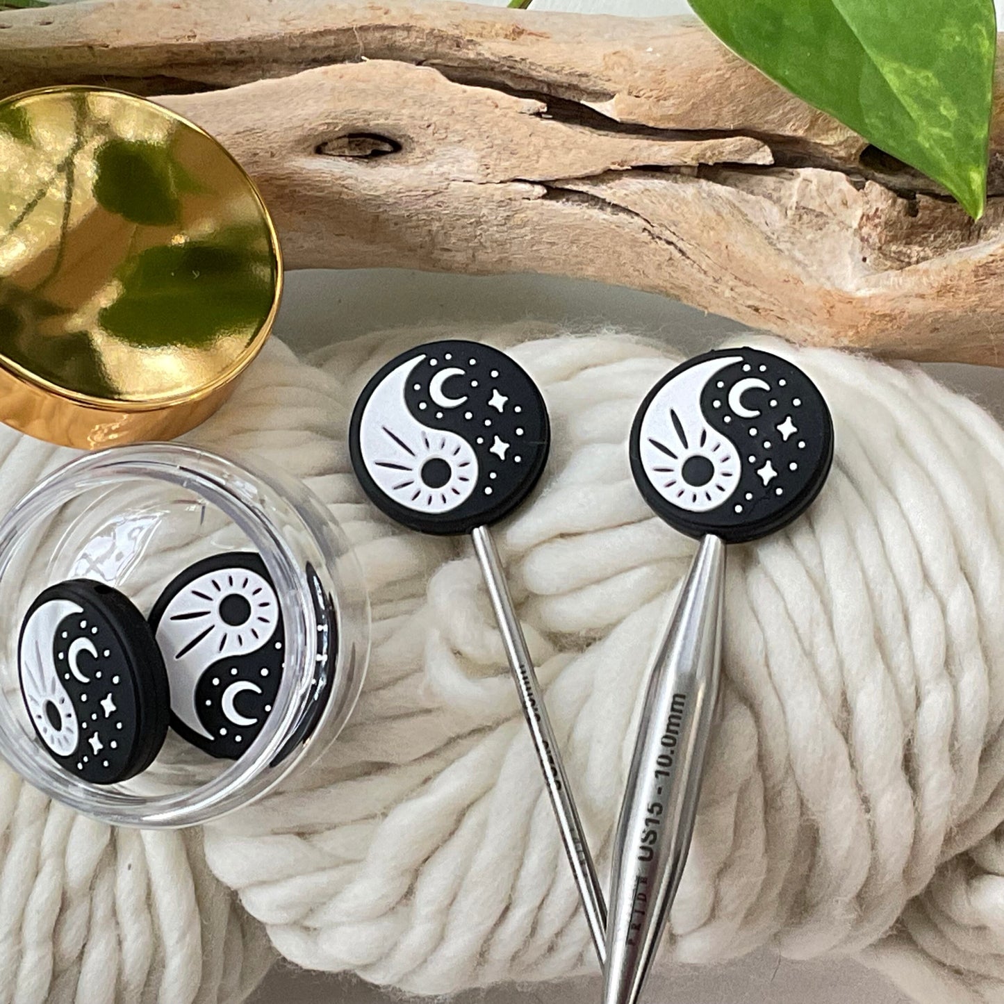Knitting Stitch Stoppers, YIN and YANG, TAO black & white Set of 2, knitting needle point protectors, beautiful + zen + meditation provoking