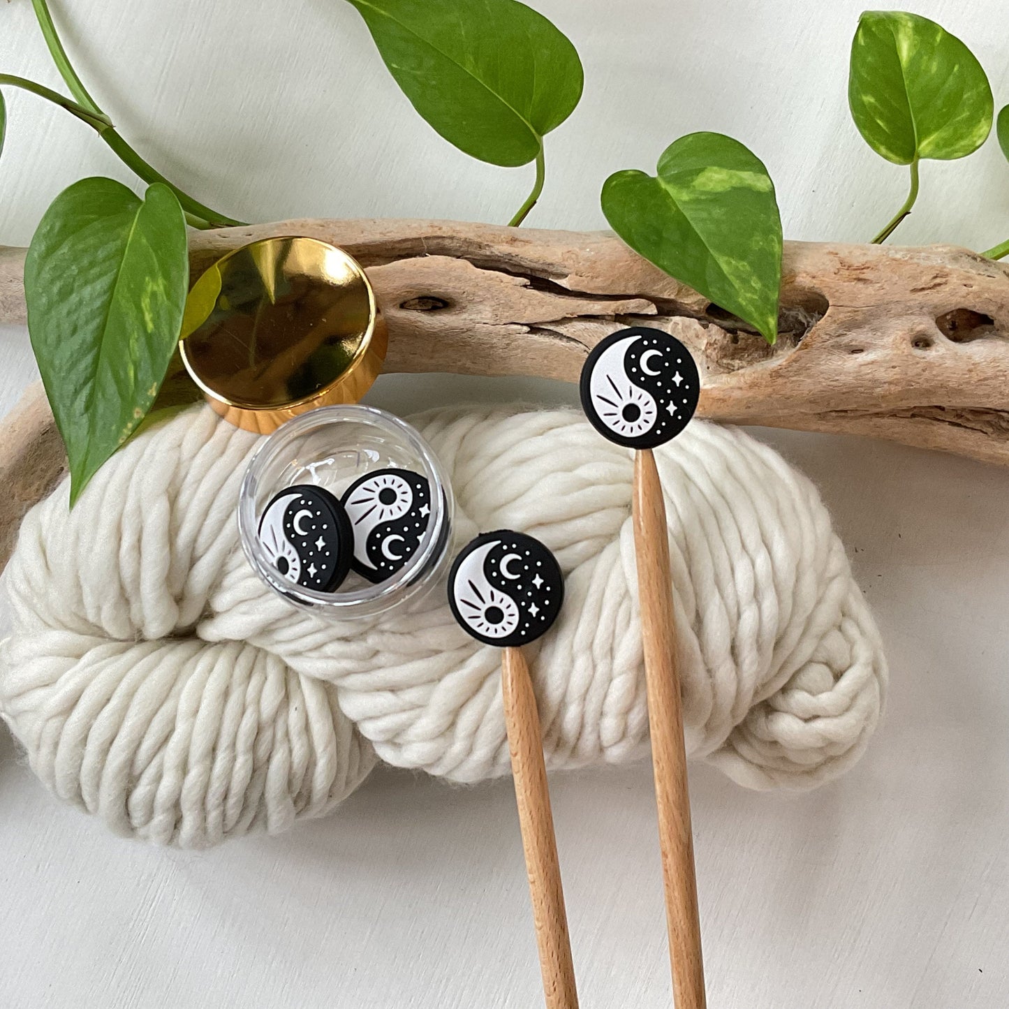 Knitting Stitch Stoppers, YIN and YANG, TAO black & white Set of 2, knitting needle point protectors, beautiful + zen + meditation provoking