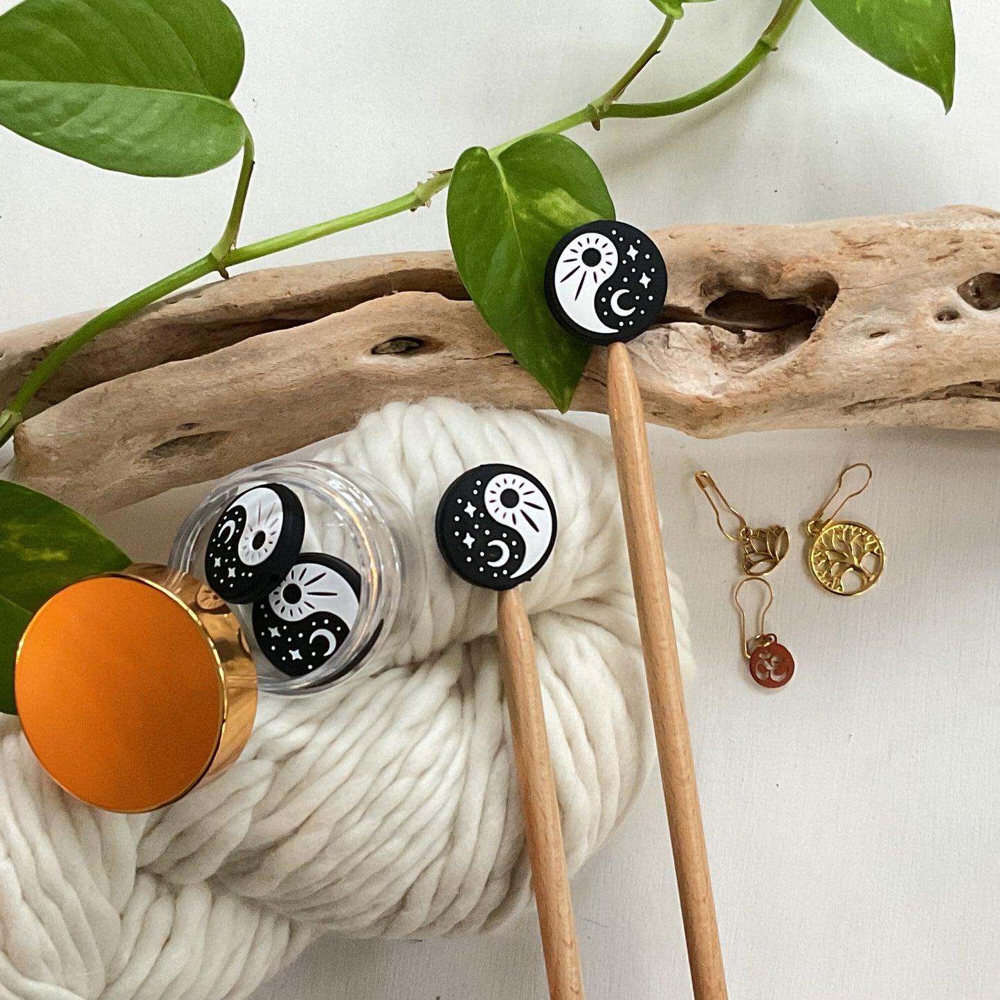 Knitting Stitch Stoppers, YIN and YANG, TAO black & white Set of 2, knitting needle point protectors, beautiful + zen + meditation provoking