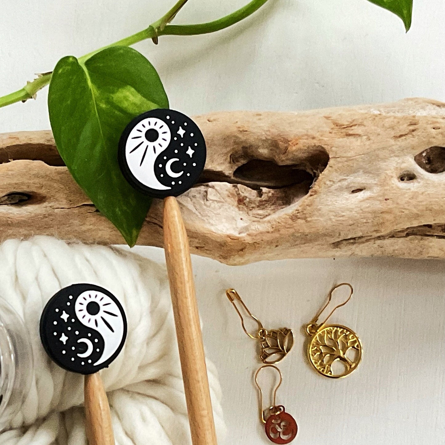 Knitting Stitch Stoppers, YIN and YANG, TAO black & white Set of 2, knitting needle point protectors, beautiful + zen + meditation provoking