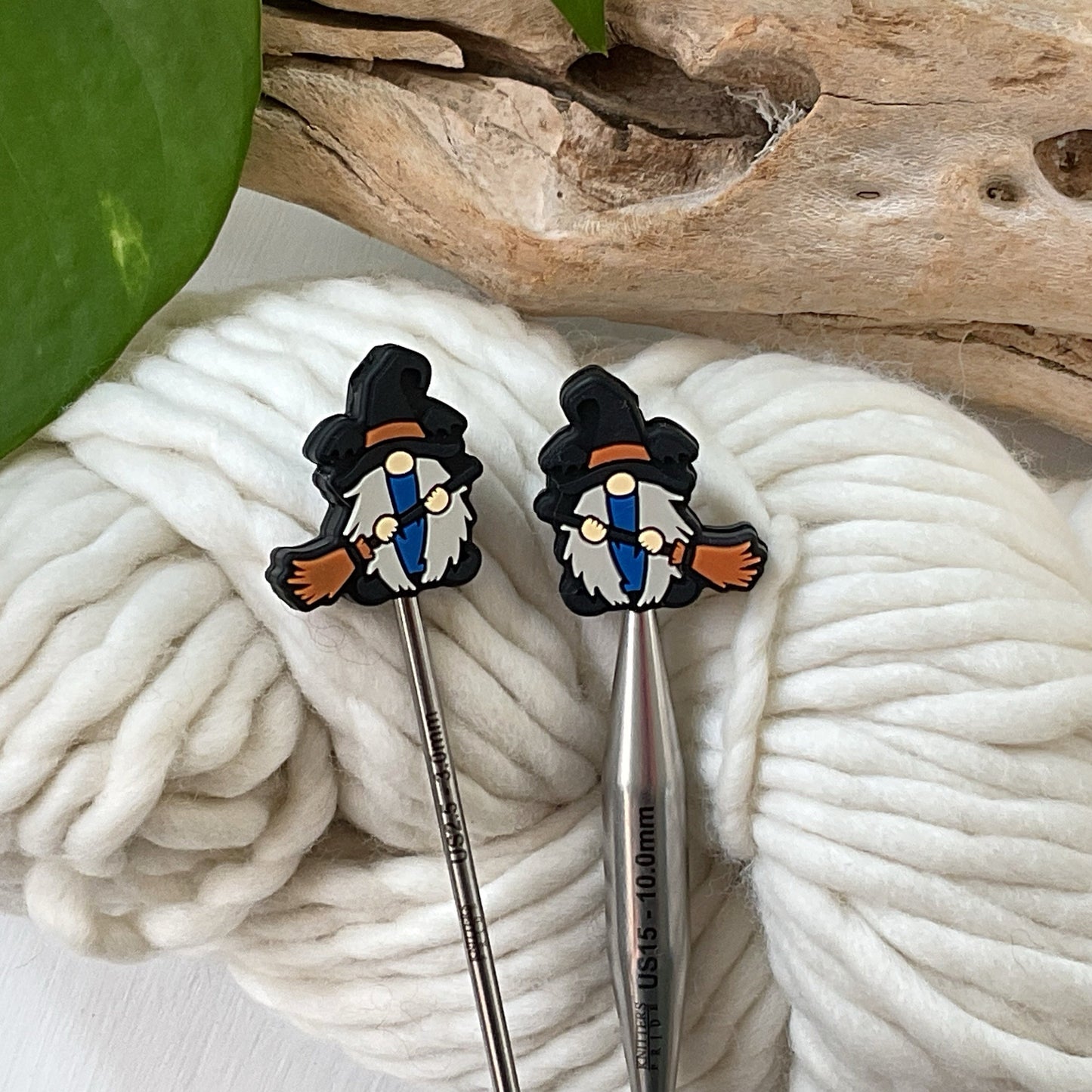 Knitting Stitch Stoppers, BROOM RIDING GNOMES Halloween Set of 2 knitting needle point protectors/ Knit tools Autumn +Fun Knit