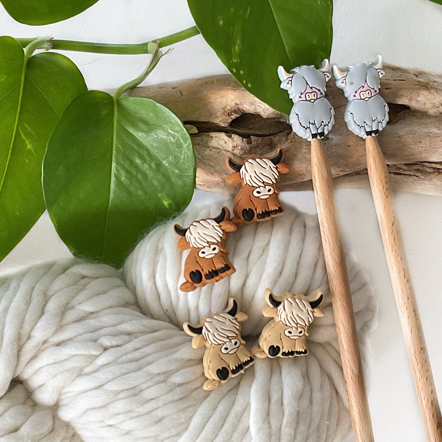 HAIRY COOS Knitting Needle Stitch Stoppers/Point Protectors, Adorable Highland Cows, Khaki or Caramel color, Set of 2, storage jar optional