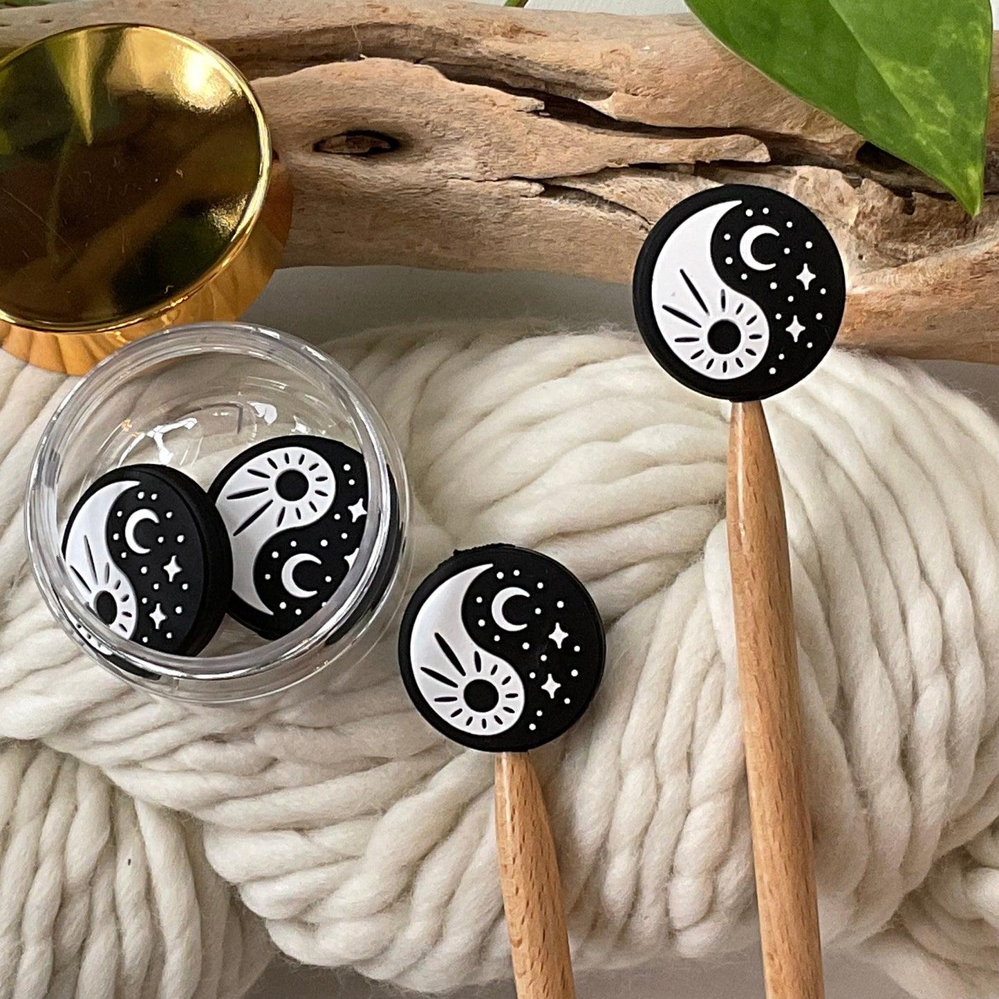 Knitting Stitch Stoppers, YIN and YANG, TAO black & white Set of 2, knitting needle point protectors, beautiful + zen + meditation provoking