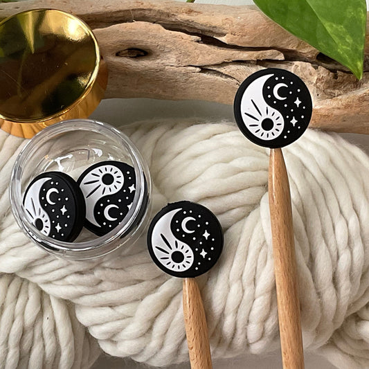 Knitting Stitch Stoppers, YIN and YANG, TAO black & white Set of 2, knitting needle point protectors, beautiful + zen + meditation provoking
