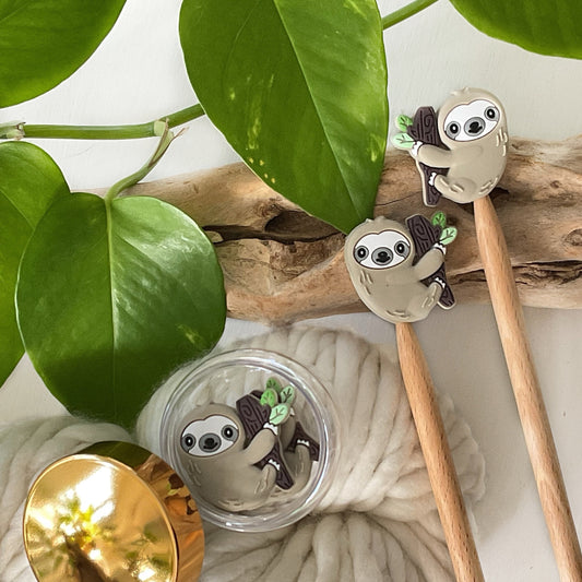 Knitting Needle Stitch Stoppers/Point Protectors, sweet, lovable Sloth hanging in his tree, Light Grey color, Set of 2, storage jar optional