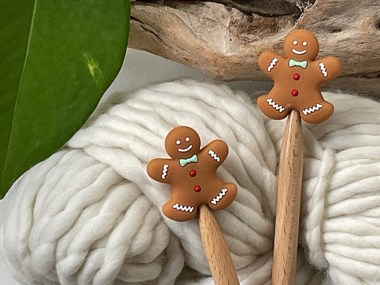 Knitting Stitch Stoppers, GINGERBREAD PERSON w/ bow tie & buttons, Christmas Set of 2 knitting needle point protectors/ Holiday X-mas