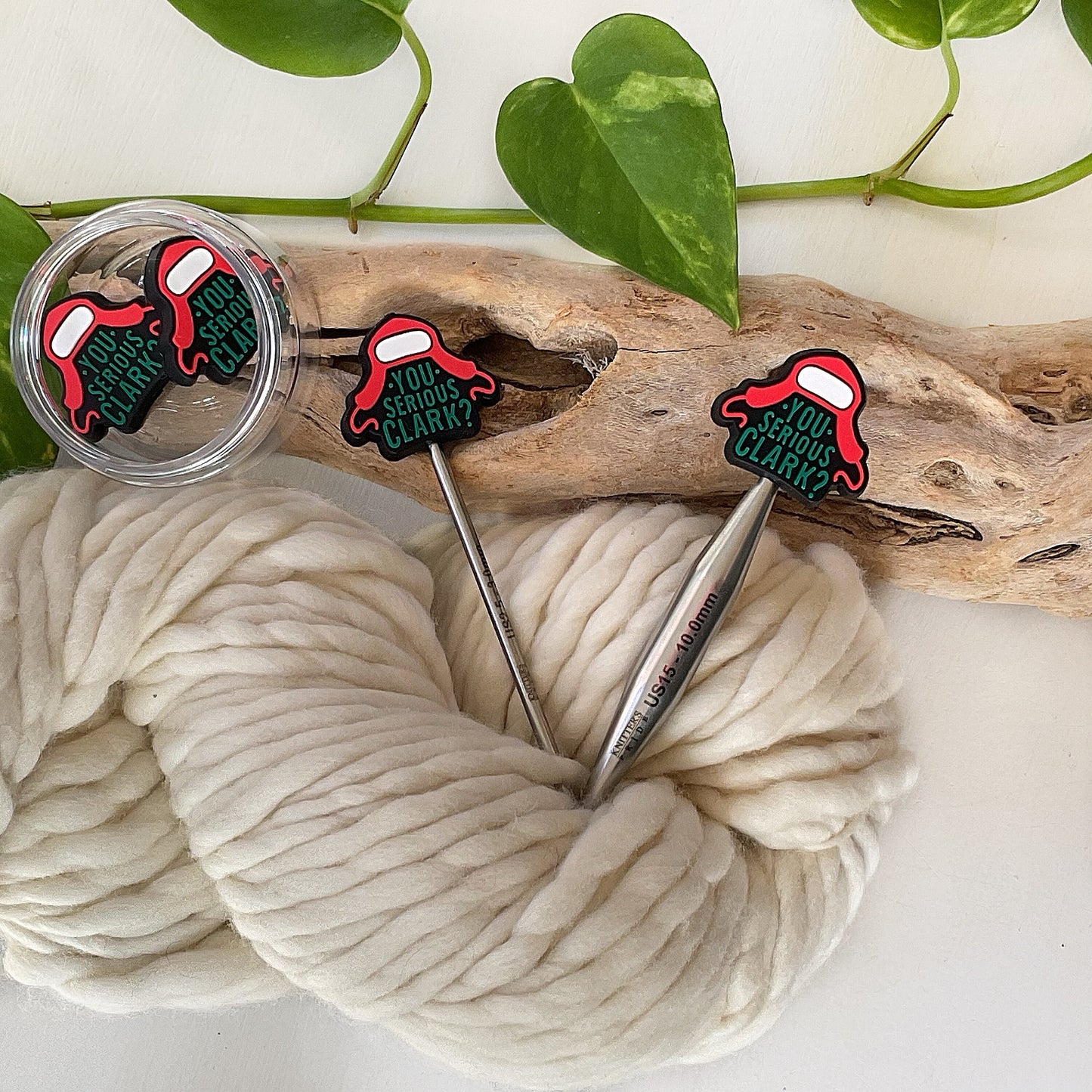 Knitting Stitch Stoppers, YOU SERIOUS, CLARK Red Cap, Christmas Set of 2 knitting needle point protectors Cousin Edddie +Fun Knits
