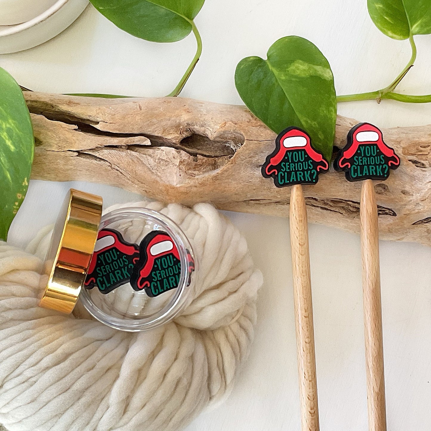 Knitting Stitch Stoppers, YOU SERIOUS, CLARK Red Cap, Christmas Set of 2 knitting needle point protectors Cousin Edddie +Fun Knits