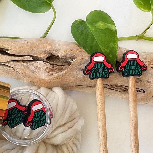 Knitting Stitch Stoppers, YOU SERIOUS, CLARK Red Cap, Christmas Set of 2 knitting needle point protectors Cousin Edddie +Fun Knits