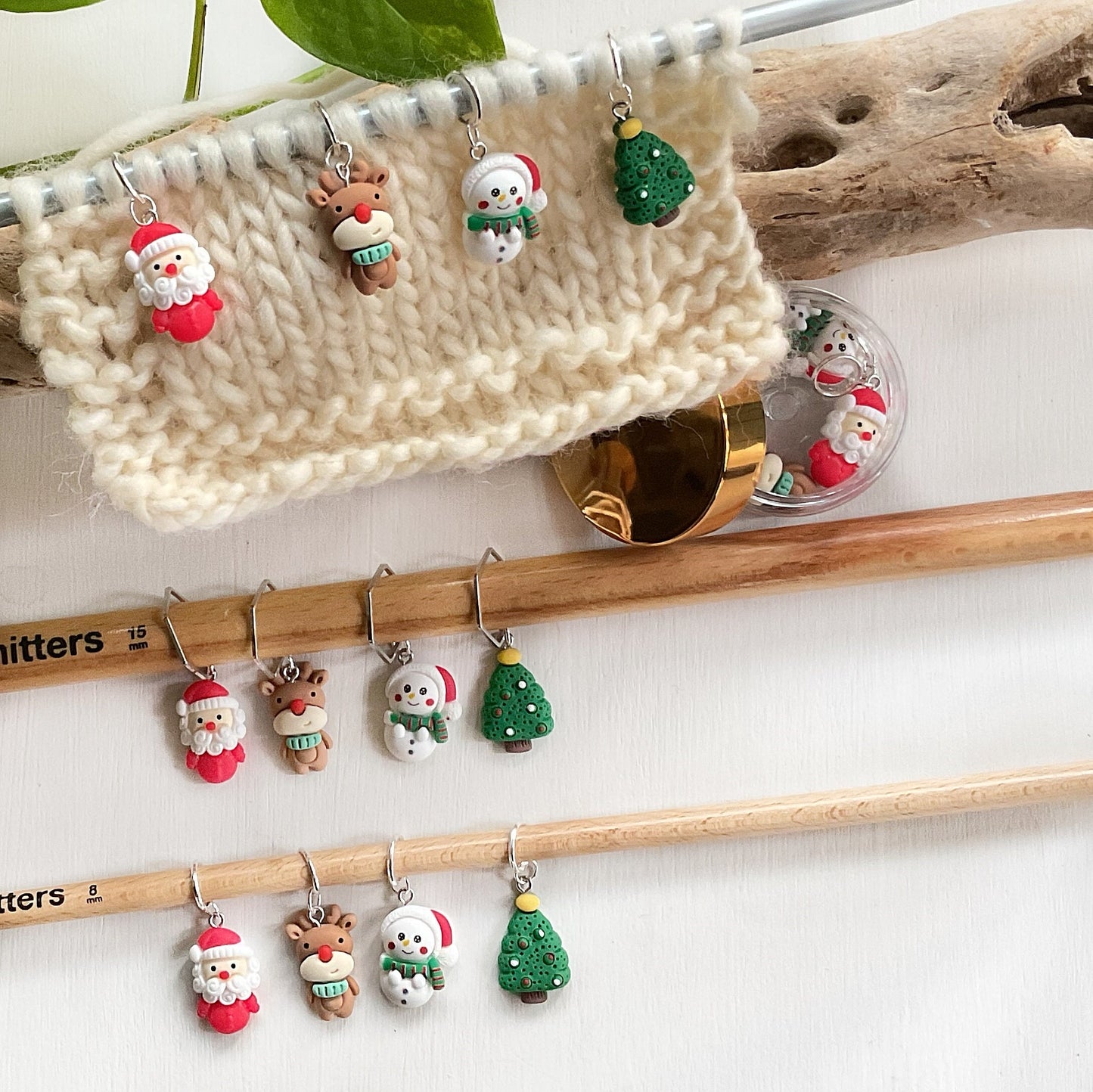 WINTER Set of 5 KNIT + CROCHET stitch markers  + storage jar, Christmas Winter stitch markers, Santa, Reindeer, snowman, tree + pear pin