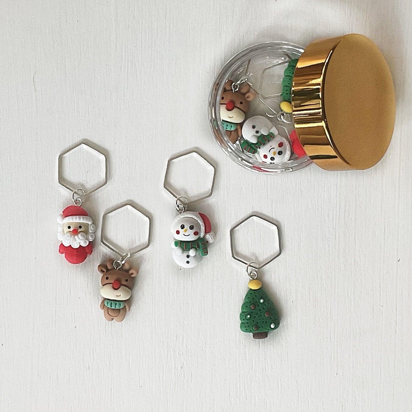 WINTER Set of 5 KNIT + CROCHET stitch markers  + storage jar, Christmas Winter stitch markers, Santa, Reindeer, snowman, tree + pear pin