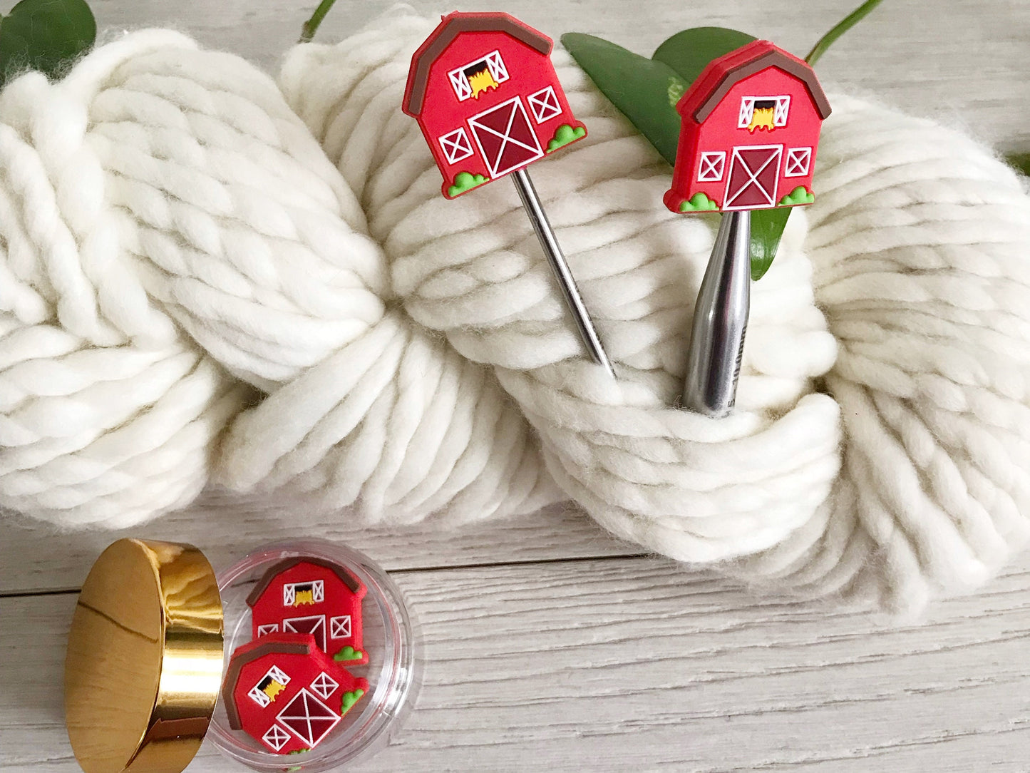 RED BARN stitch Stoppers, keep your stitches safe, Set of 2 Farmhouse Barn stitch stoppers, knitting needle point protectors