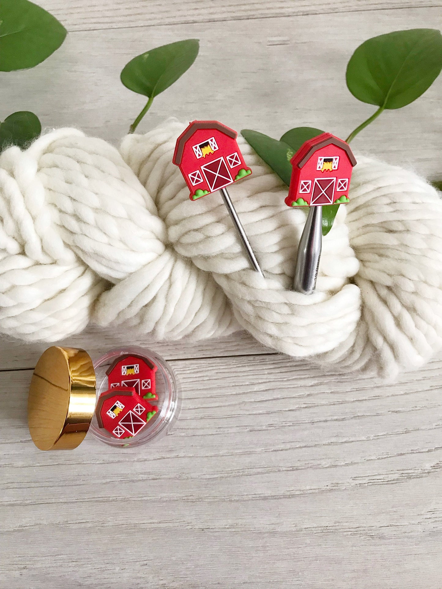 RED BARN stitch Stoppers, keep your stitches safe, Set of 2 Farmhouse Barn stitch stoppers, knitting needle point protectors