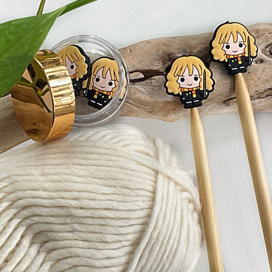 Blonde Wizard Knitting Stitch Stoppers, Girl Wizard, Set of 2 knitting needle point protectors, Wizard School student,