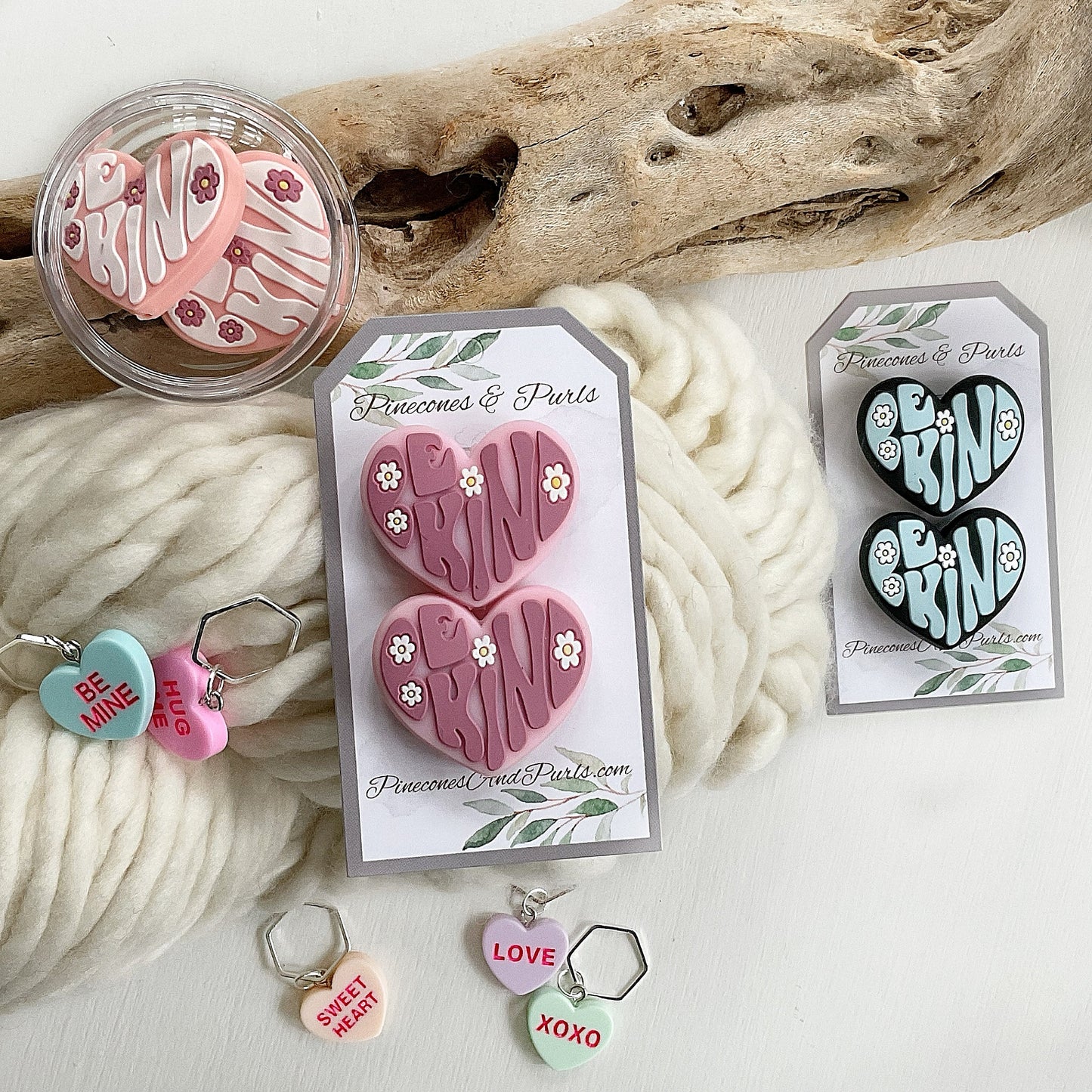 Be KIND or Be MINE, set of 2 heart shaped knitting needle stitch stoppers, knitting needle point protectors + optional heart stitch markers