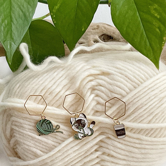 CATS +COFFEE +YARN Stitch Markers Set of 3 adorable enamel fixed or removable markers + storage jar + lid Knit and Crochet markers