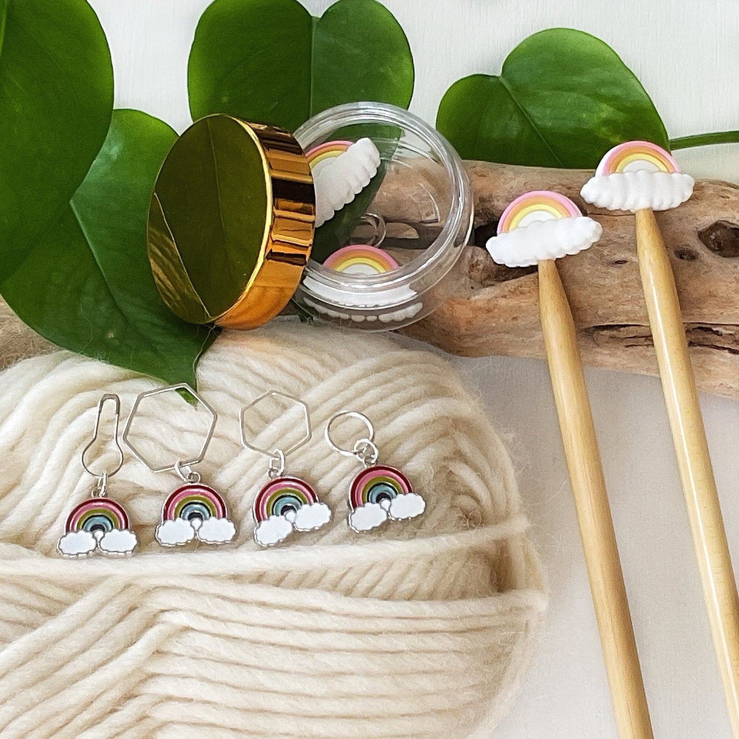 RAINBOWS + CLOUDS Set of 5 stitch markers, Colorful enamel fixed and removable markers + storage jar + lid, Knit & Crochet row counters