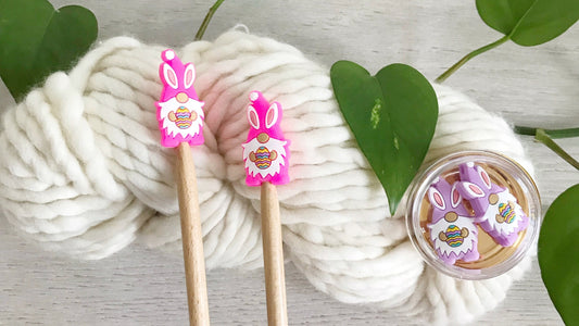 Colorful Easter Bunny Gnomes holding Easter Eggs, knitting needle buddy, Set of 2 Festive stitch stoppers, knitting needle point protectors