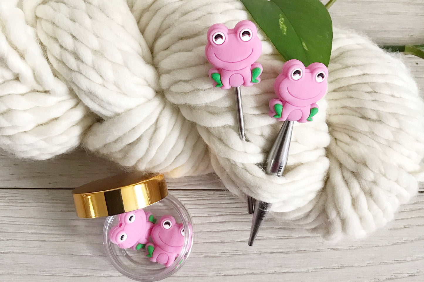 Colorful Happy Smiling Frog stitch stoppers, Set of 2 knitting needle point protectors, save your stitches, love your hooks,  Nature lover