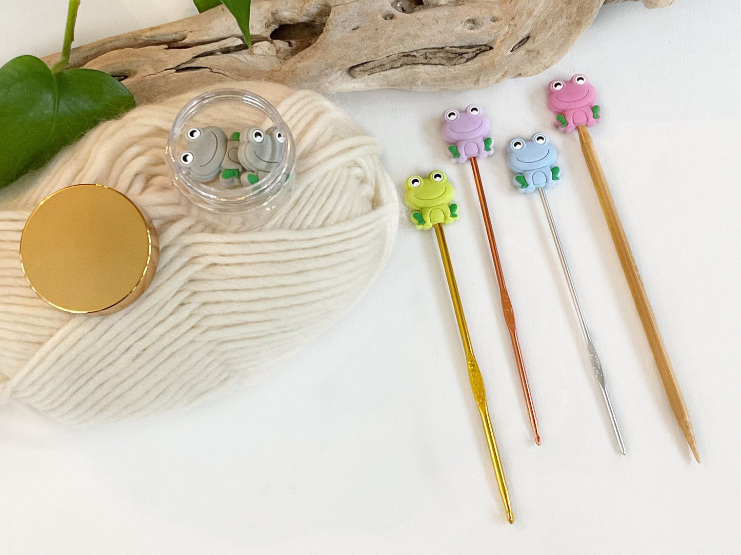 Colorful Happy Smiling Frog stitch stoppers, Set of 2 knitting needle point protectors, save your stitches, love your hooks,  Nature lover