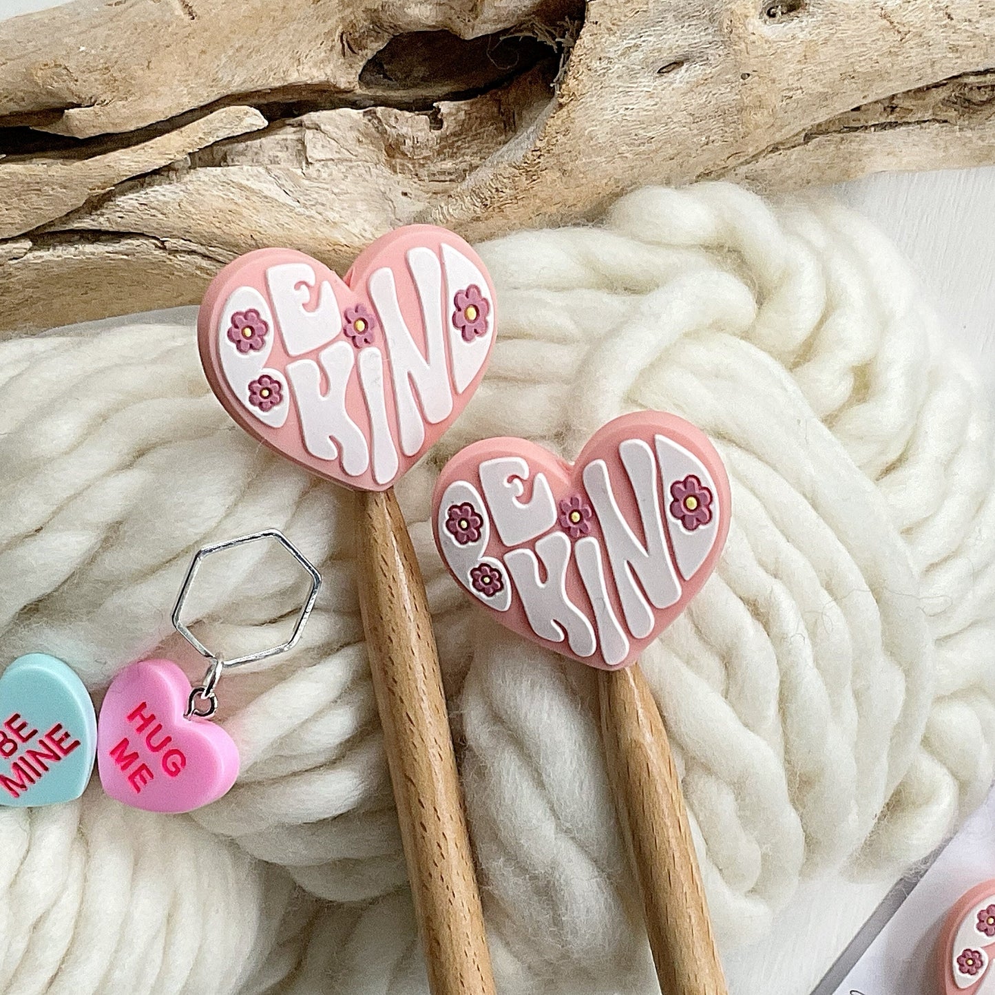 Be KIND or Be MINE, set of 2 heart shaped knitting needle stitch stoppers, knitting needle point protectors + optional heart stitch markers