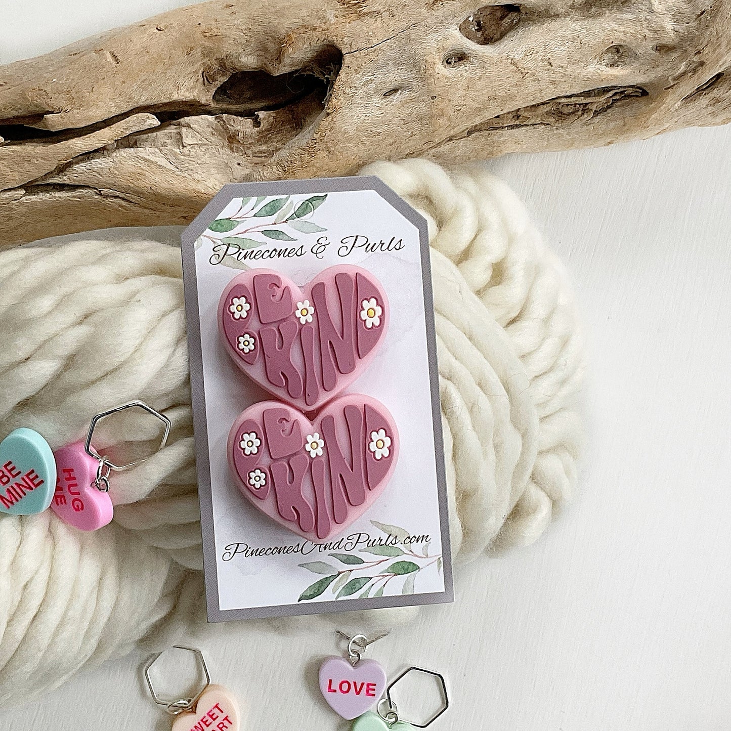 Be KIND or Be MINE, set of 2 heart shaped knitting needle stitch stoppers, knitting needle point protectors + optional heart stitch markers