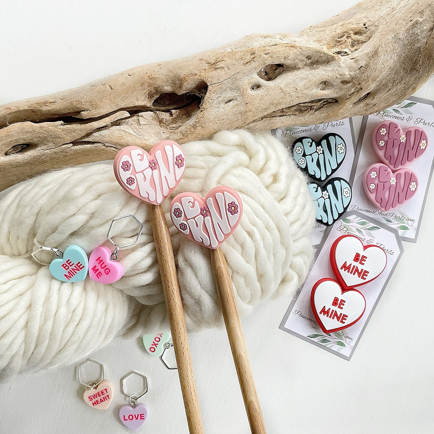 Be KIND or Be MINE, set of 2 heart shaped knitting needle stitch stoppers, knitting needle point protectors + optional heart stitch markers