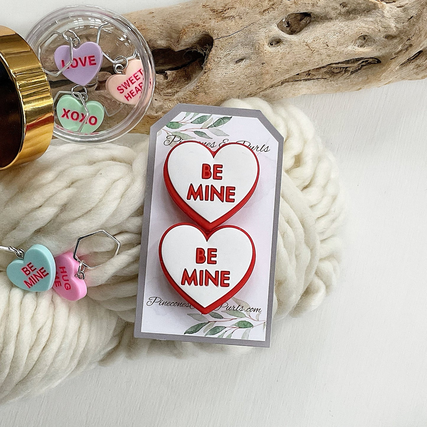 Be KIND or Be MINE, set of 2 heart shaped knitting needle stitch stoppers, knitting needle point protectors + optional heart stitch markers
