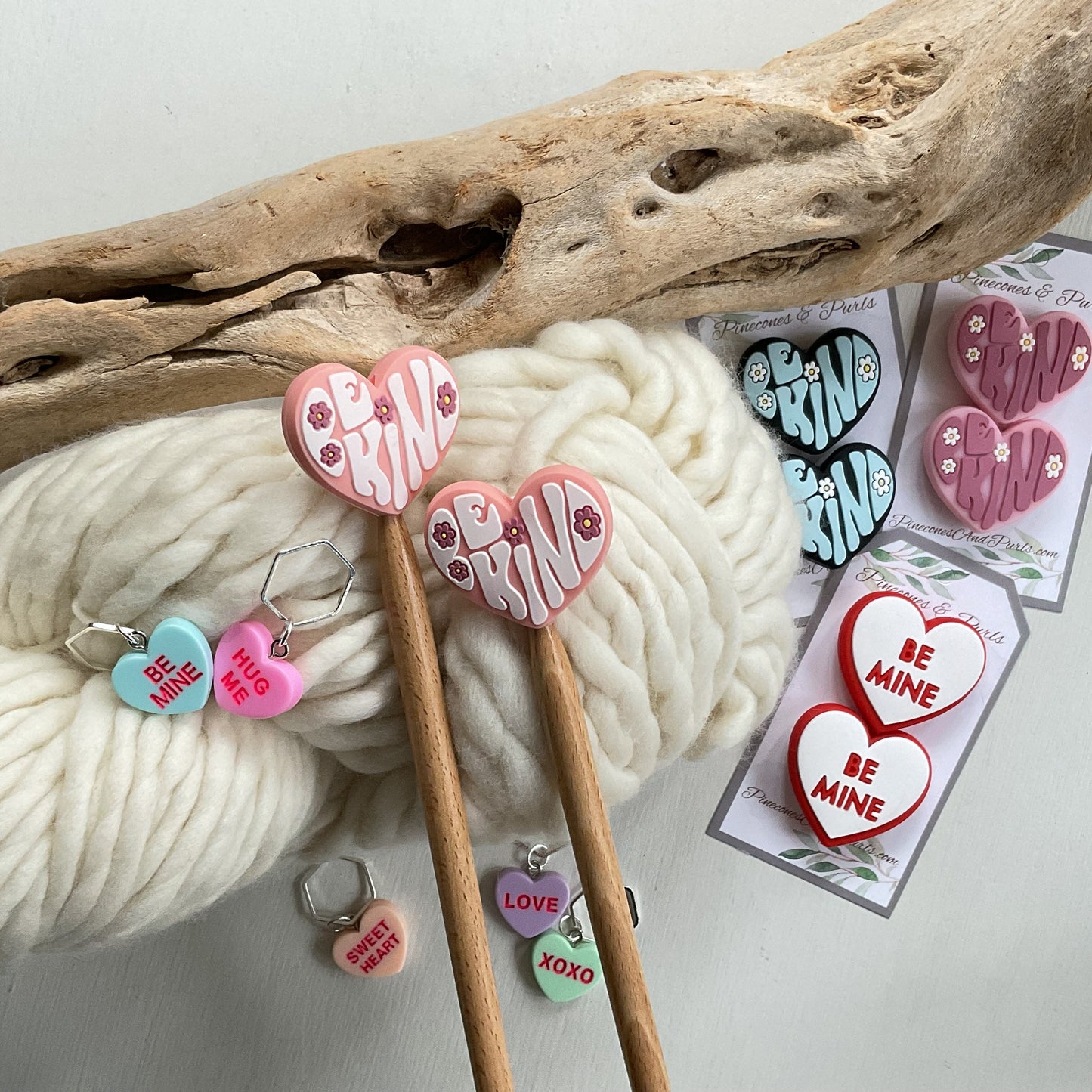 Be KIND or Be MINE, set of 2 heart shaped knitting needle stitch stoppers, knitting needle point protectors + optional heart stitch markers