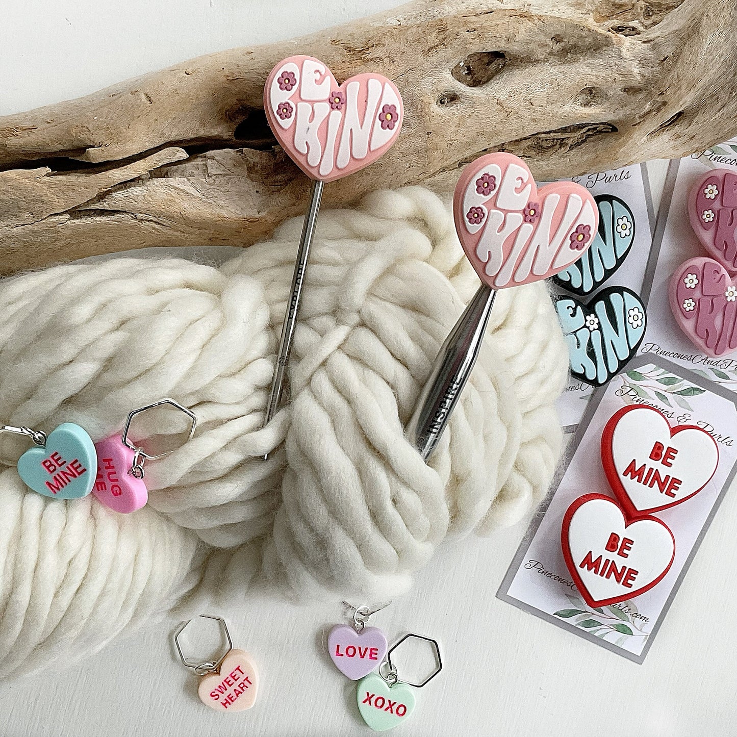 Be KIND or Be MINE, set of 2 heart shaped knitting needle stitch stoppers, knitting needle point protectors + optional heart stitch markers
