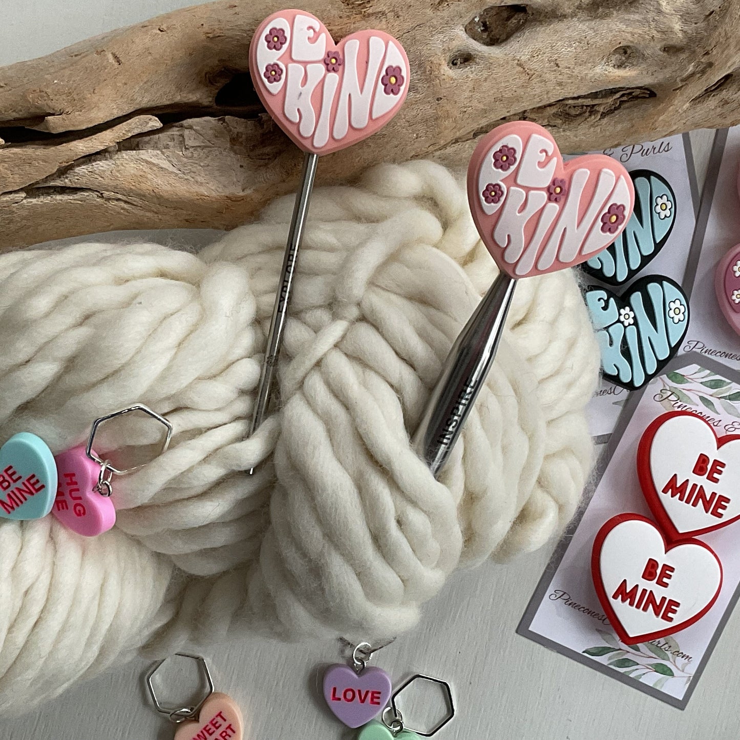 Be KIND or Be MINE, set of 2 heart shaped knitting needle stitch stoppers, knitting needle point protectors + optional heart stitch markers