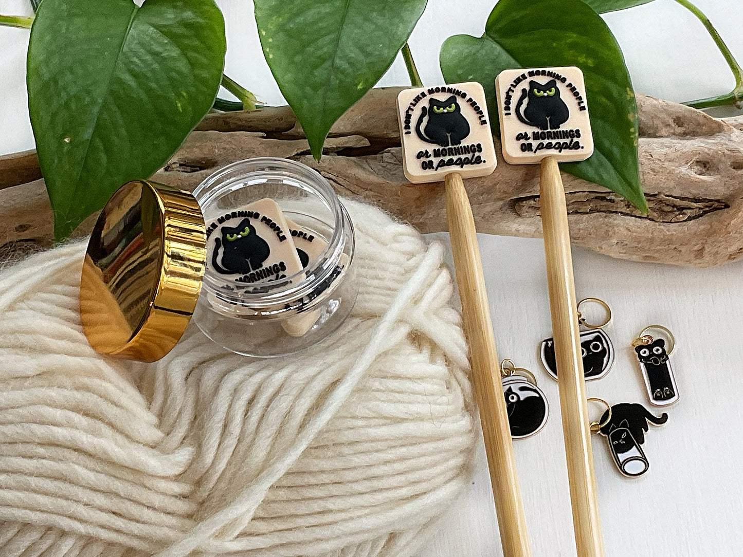 STITCH STOPPERS + MARKERS Set, 5 fixed and removable markers + 2 cat I dont like mornings or people stoppers + storage jar, Knit & Crochet