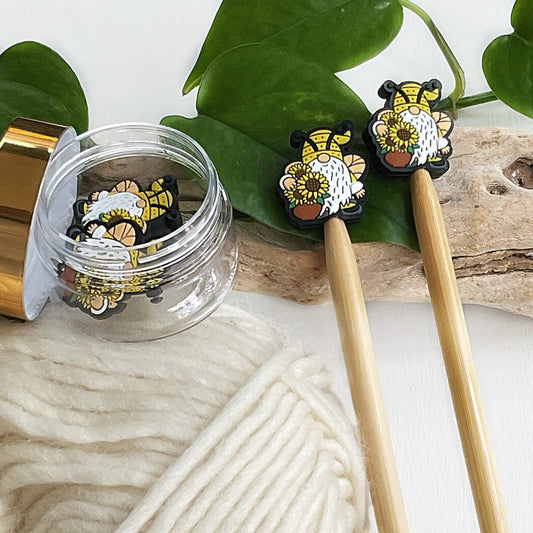 HONEYBEE GNOMES + SUNFLOWERS, set of 2 knitting needle stitch stoppers, crochet hook accessories, Fun for Knitters and crocheters, Bee elf