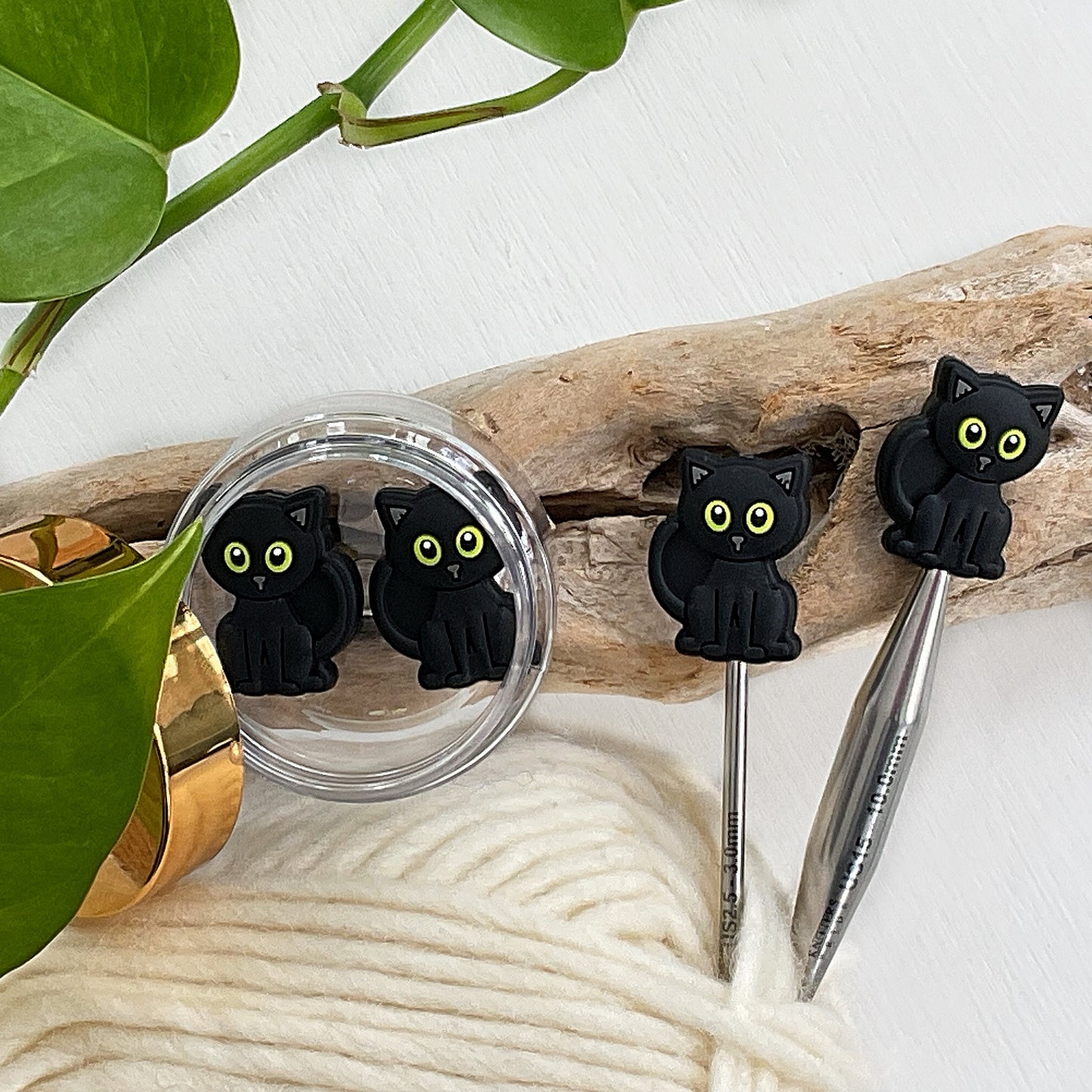 STITCH STOPPERS + MARKERS Set, 2 Green eyed Black Cat Stoppers + 5 fixed and removable markers +  storage jar, Knit & Crochet