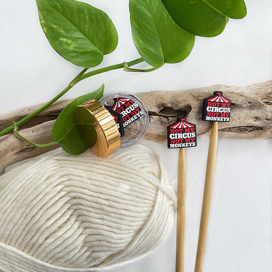 NOT My CIRCUS, Not My MONKEYS stitch stoppers, Set of 2 Pun Intended knitting needle point protectors, save your stitches, love your hooks