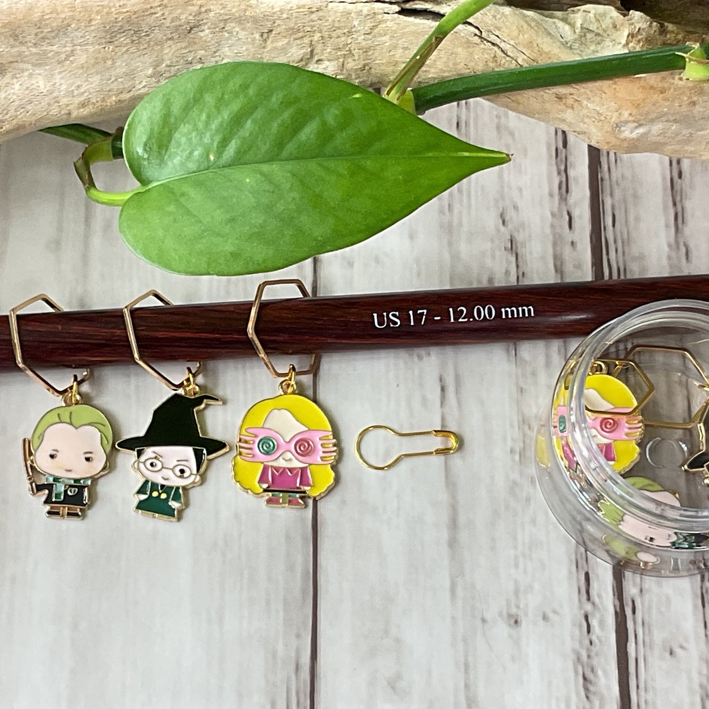 WITCH and WIZARD School Professor and students knit + crochet stitch markers + storage jar w/lid + 1 free additional surprise stitch marker