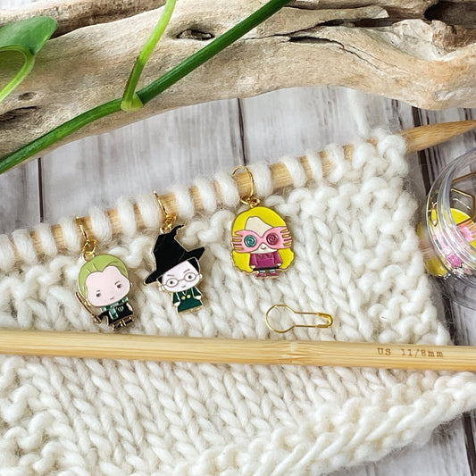 WITCH and WIZARD School Professor and students knit + crochet stitch markers + storage jar w/lid + 1 free additional surprise stitch marker