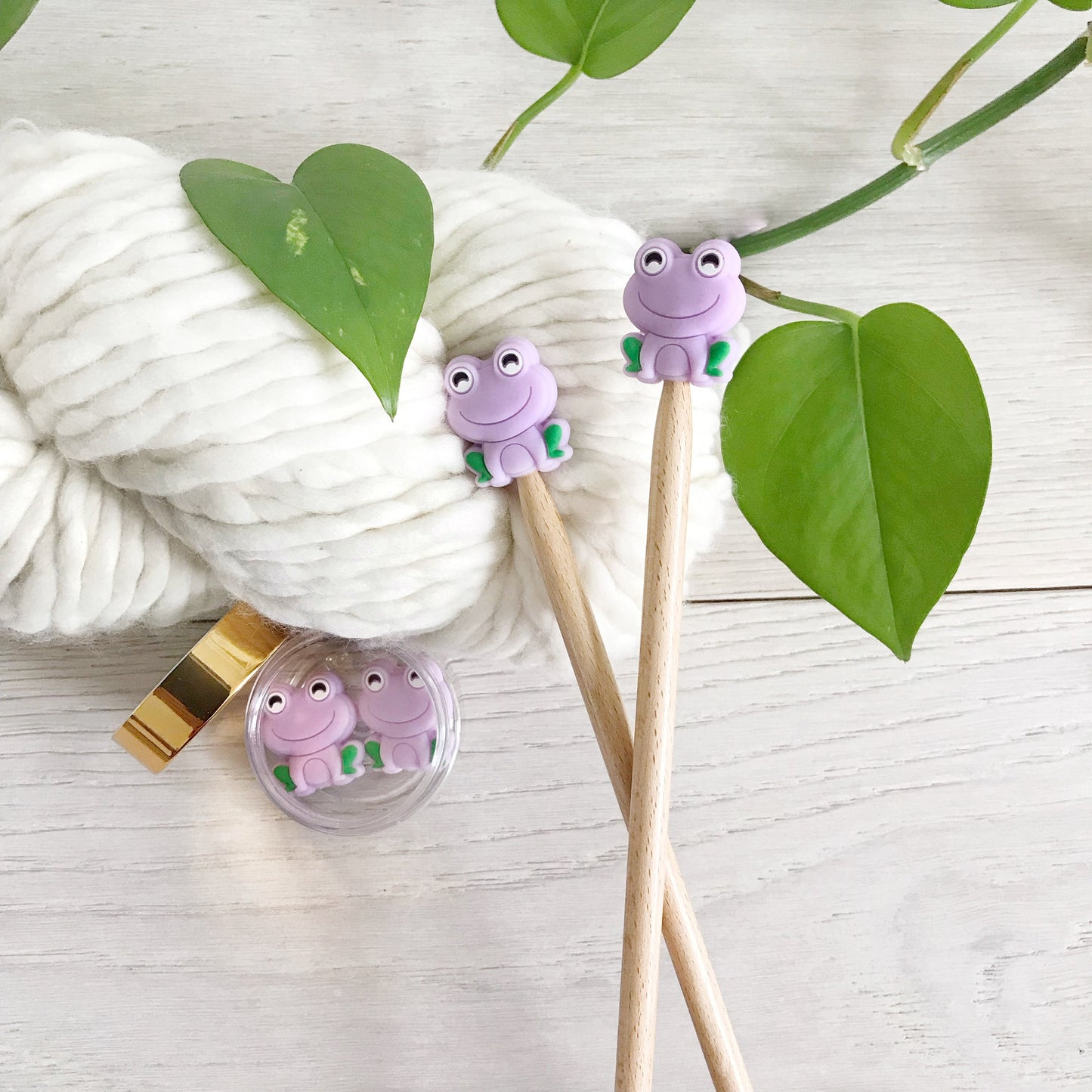 Colorful Happy Smiling Frog stitch stoppers, Set of 2 knitting needle point protectors, save your stitches, love your hooks,  Nature lover
