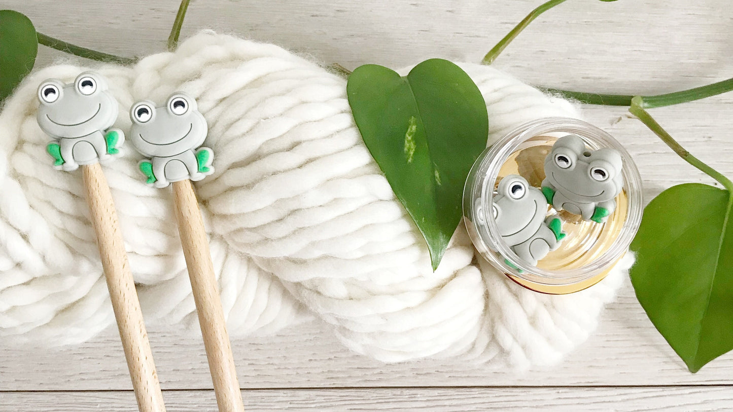 Colorful Happy Smiling Frog stitch stoppers, Set of 2 knitting needle point protectors, save your stitches, love your hooks,  Nature lover