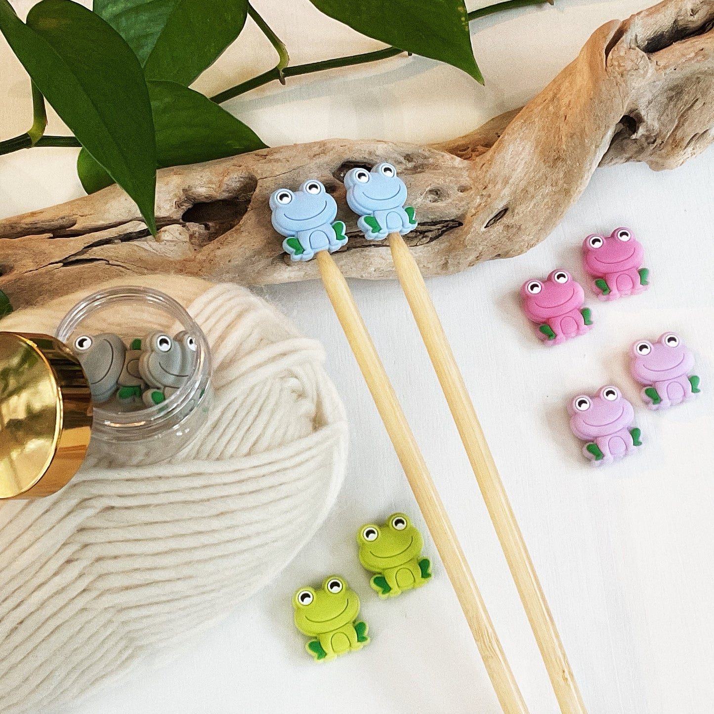 Colorful Happy Smiling Frog stitch stoppers, Set of 2 knitting needle point protectors, save your stitches, love your hooks,  Nature lover