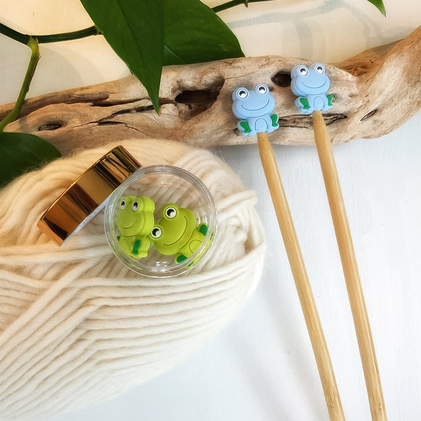 Colorful Happy Smiling Frog stitch stoppers, Set of 2 knitting needle point protectors, save your stitches, love your hooks,  Nature lover