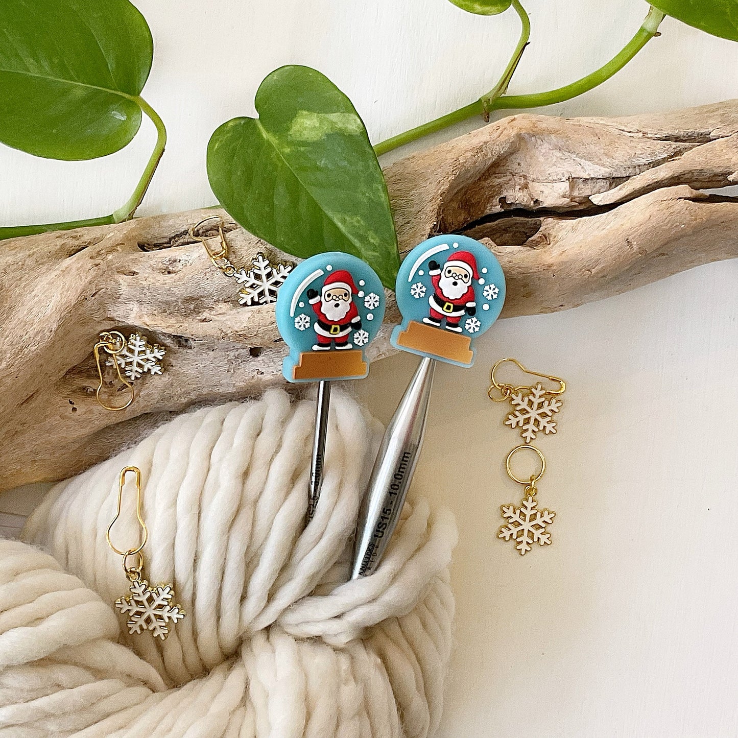 HAPPY SANTA SNOWGLOBE, Festive set of 2 stitch stoppers, knitting needle point protectors Celebrate Winter Holidays
