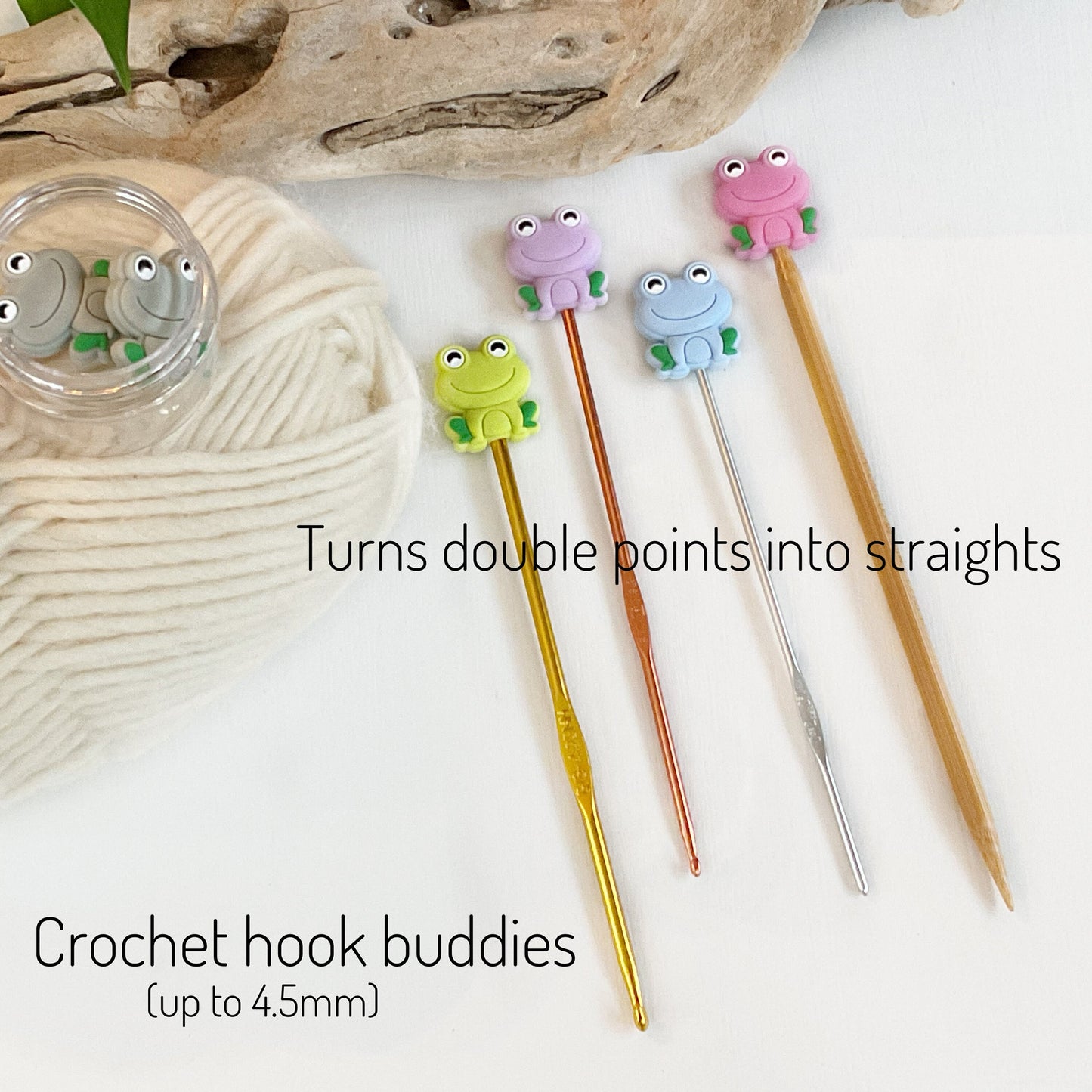 Colorful Happy Smiling Frog stitch stoppers, Set of 2 knitting needle point protectors, save your stitches, love your hooks,  Nature lover