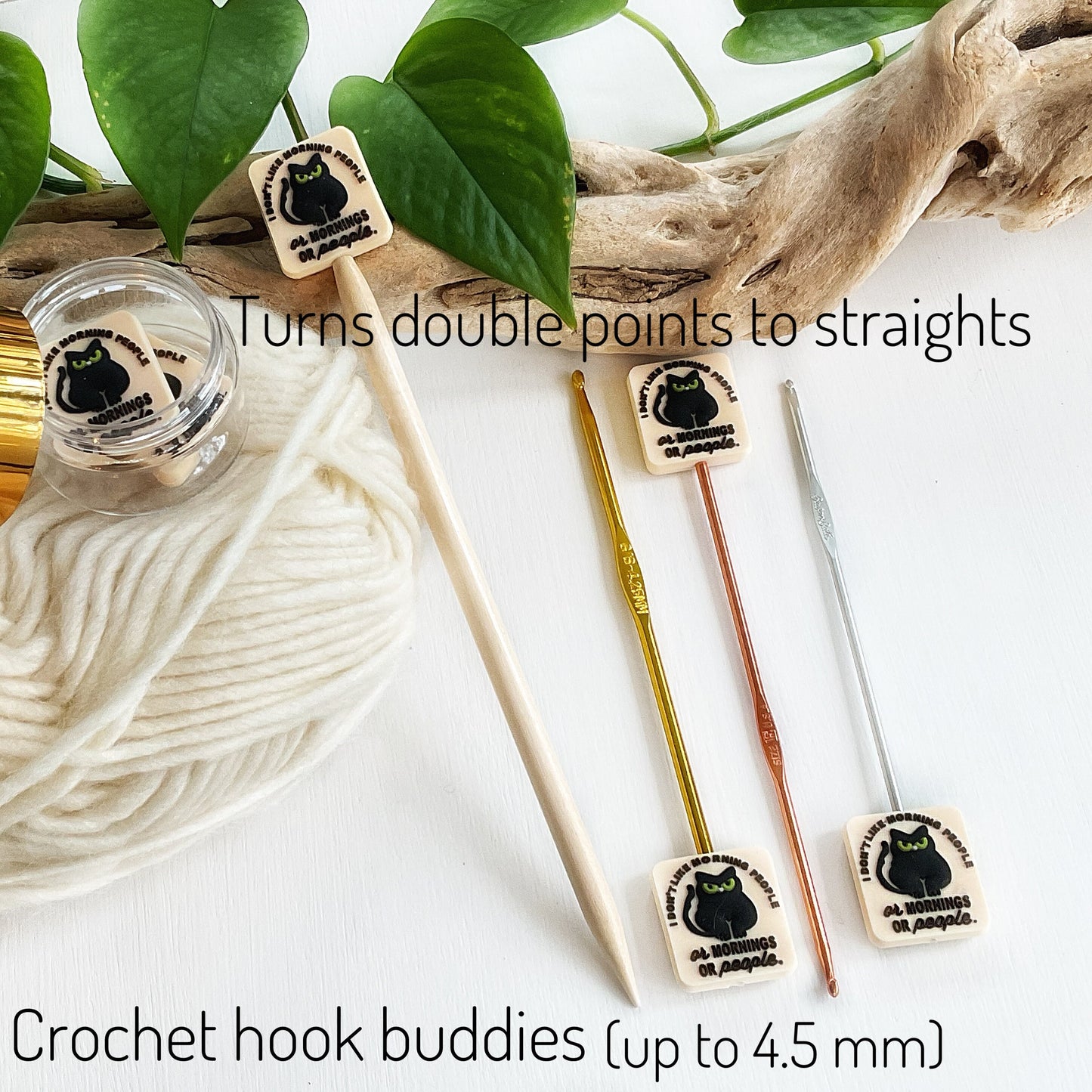 STITCH STOPPERS + MARKERS Set, 5 fixed and removable markers + 2 cat I dont like mornings or people stoppers + storage jar, Knit & Crochet